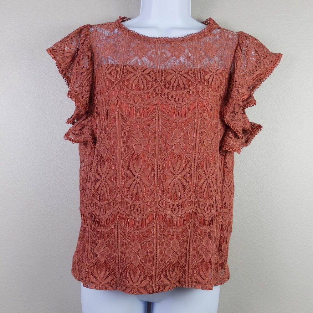 pd & co Rust Colored Lace Butterfly Sleeves Blouse Size Small